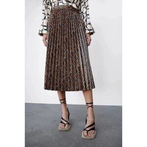 Zara Faux Leather Pleated Snake Print Skirt Midi Brown A-Line Full Medium